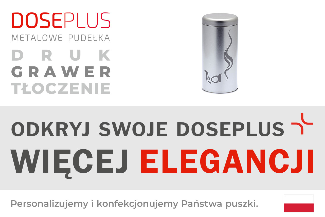 Okrągła metalowa puszka na herbatę Doseplus – baner z napisem: Odkryj swoje Doseplus, więcej elegancji. Stylowe pudełko z grawerem do ekskluzywnych produktów.
