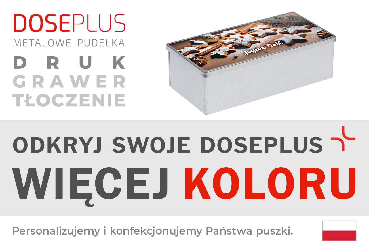 Prostokątne metalowe pudełko Doseplus – baner z napisem: Odkryj swoje Doseplus, więcej koloru. Spersonalizowane pudełko z kolorowym nadrukiem, grawerem i tłoczeniem.