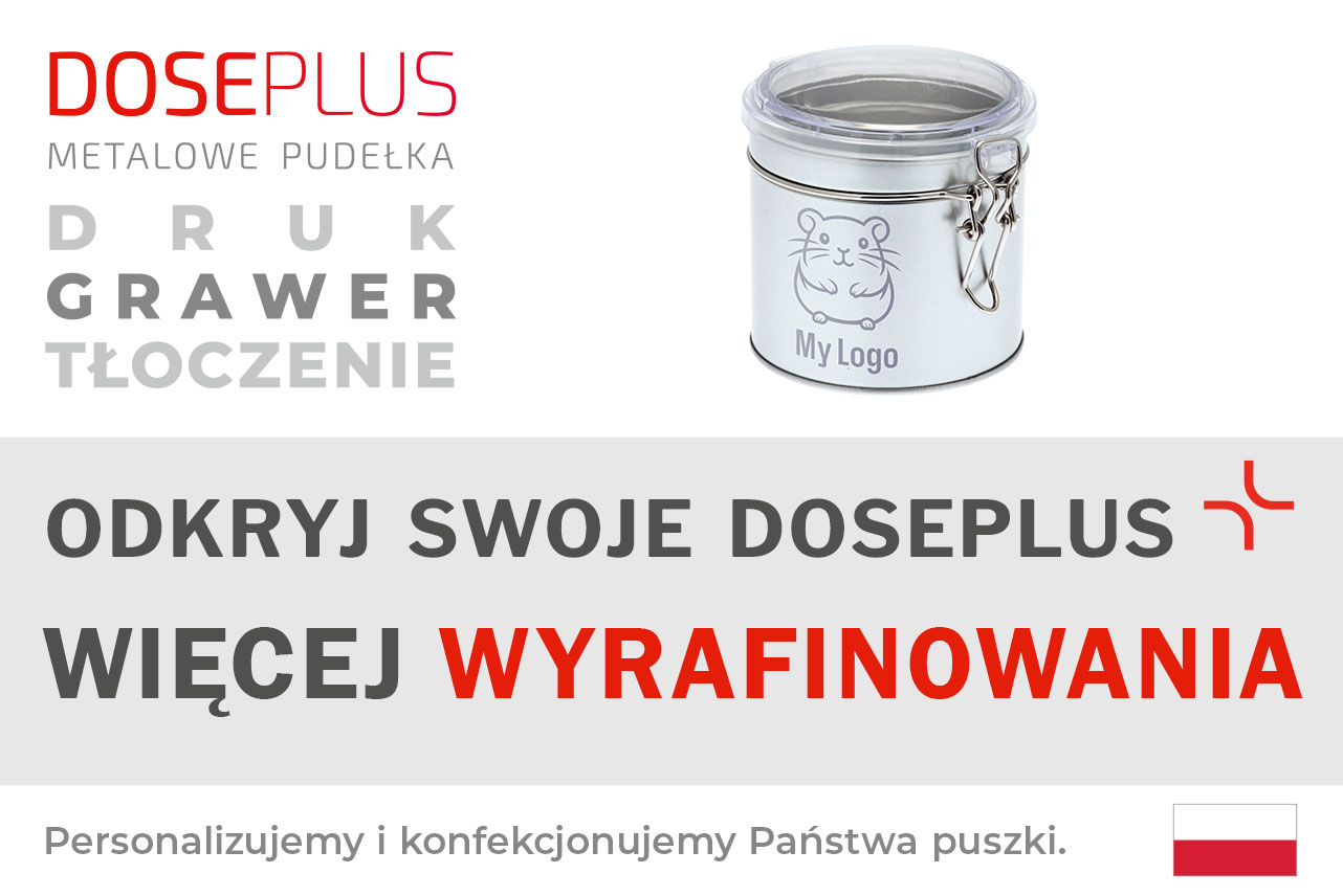 Okrągła puszka magazynowa DSA 005 z zamknięciem klamrowym – Baner: Odkryj swoje Doseplus – Więcej wyrafinowania. Solidne metalowe opakowanie do personalizacji i profesjonalnego brandingu.