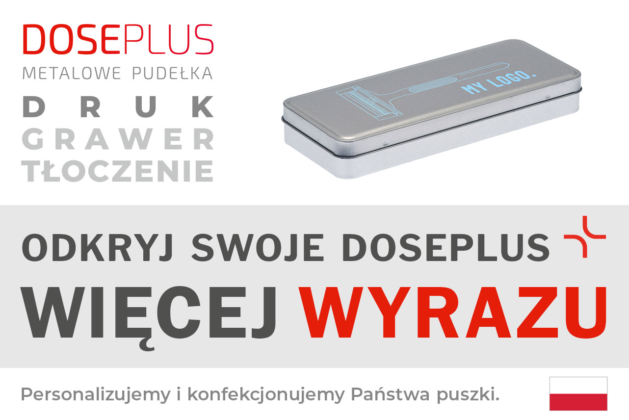 Srebrna prostokątna puszka metalowa Doseplus z jasnoniebieskim nadrukiem maszynki do golenia i napisem „MY LOGO”. Tekst: „Tłoczenie, grawer laserowy, nadruk – odkryj Doseplus, więcej wyrazu”.