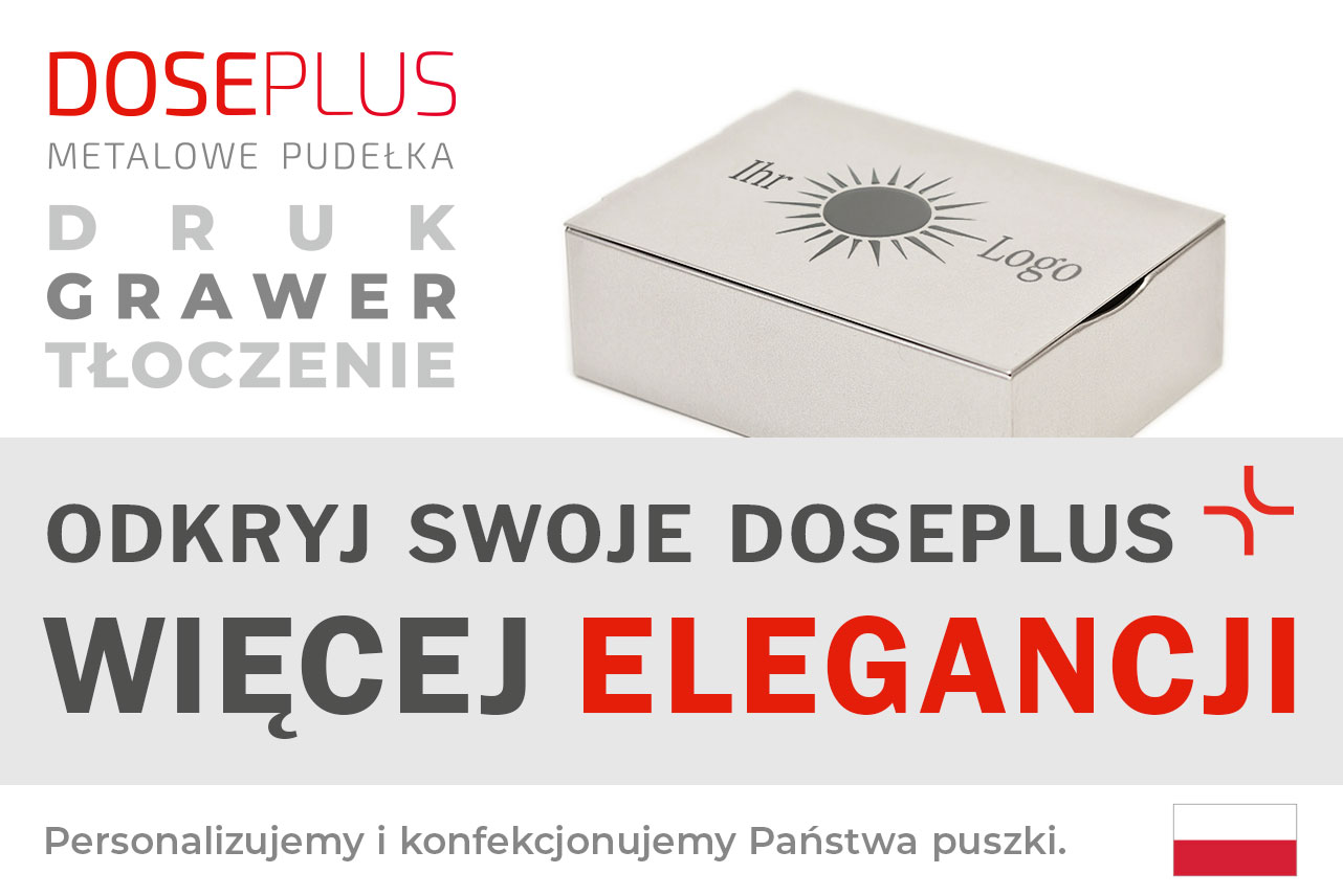 Srebrna prostokątna puszka metalowa Doseplus z grawerem laserowym przedstawiającym słońce i napisem „Ihr Logo”. Tekst: „Tłoczenie, grawer laserowy, nadruk – odkryj Doseplus, więcej elegancji”.