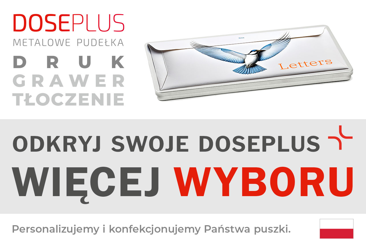 Płaska prostokątna puszka metalowa Doseplus w formacie DIN long z nadrukiem lecącego ptaka i napisem „Letters”. Tekst: „Tłoczenie, grawer laserowy, nadruk – odkryj Doseplus, więcej wyboru”.