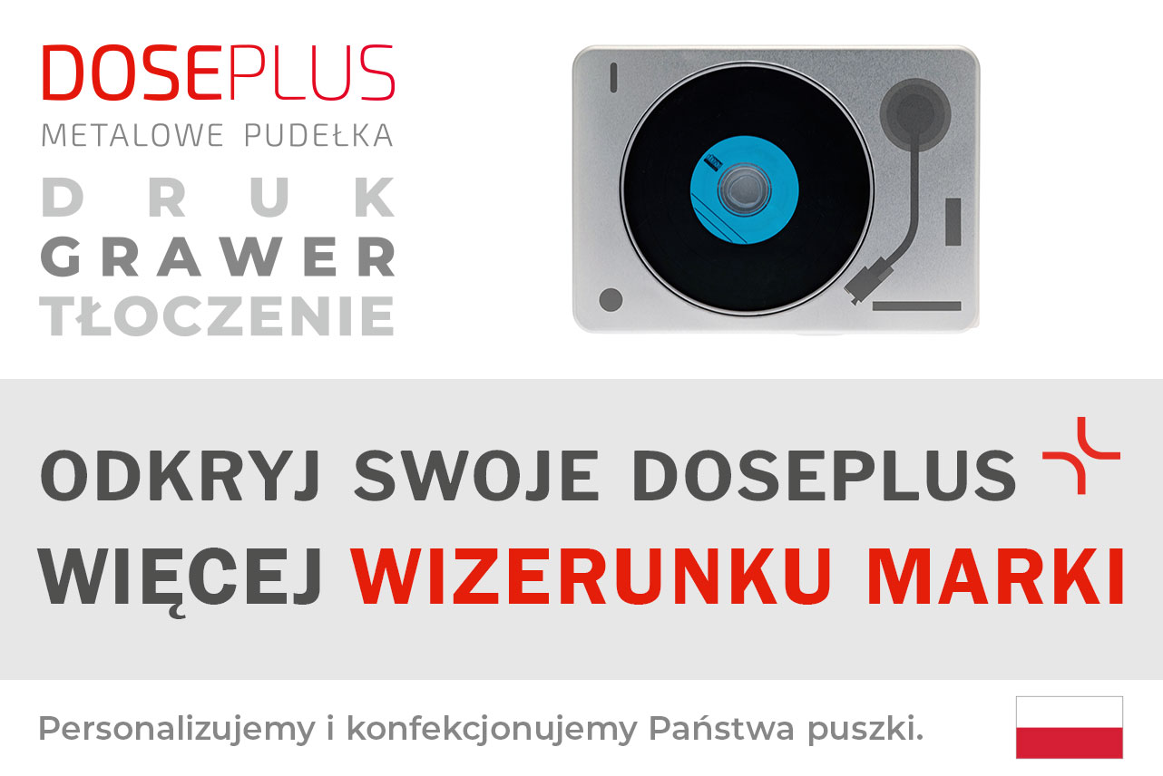 Metalowe pudełko Doseplus na DVD z okienkiem – baner z napisem: Odkryj swoje Doseplus, więcej wizerunku marki. Pudełko z możliwością graweru i nadruku dla profesjonalnej prezentacji.
