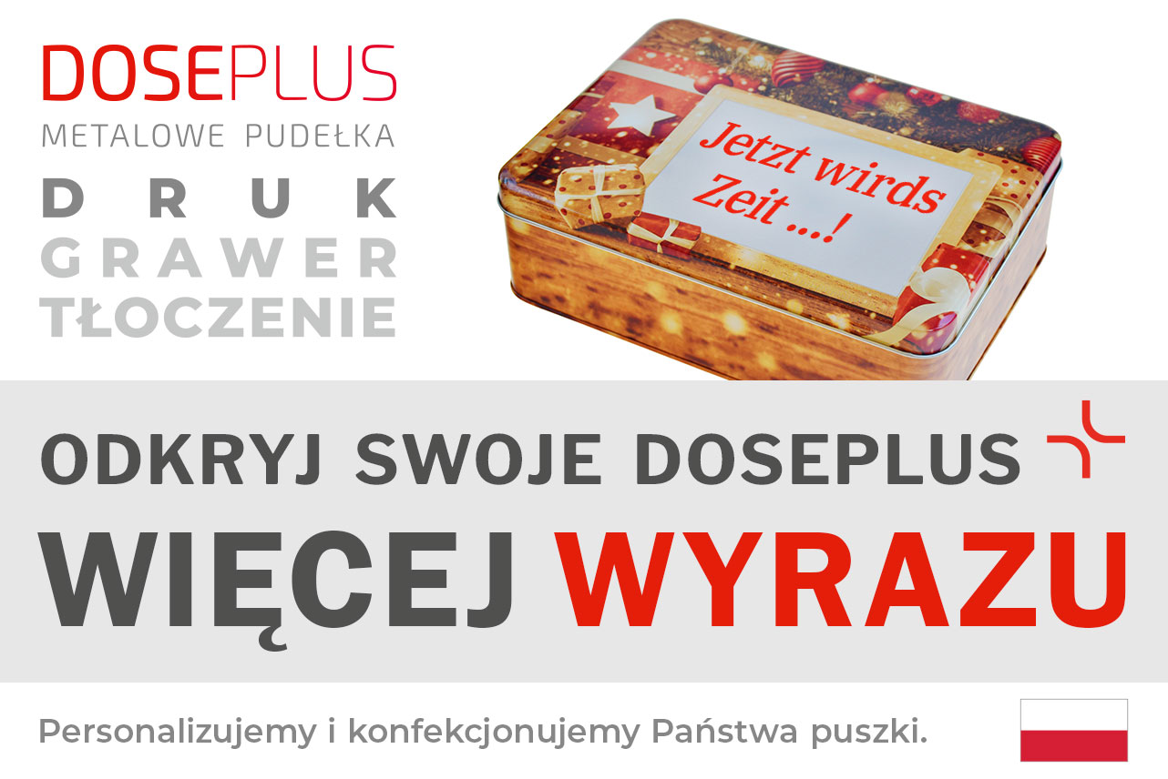 Metalowe pudełko Doseplus z motywem świątecznym – złote prezenty, wstążki i bombki, nadruk „Czas najwyższy...!”. Tekst: „Tłoczenie, grawer laserowy, nadruk – odkryj Doseplus, więcej wyrazu”.