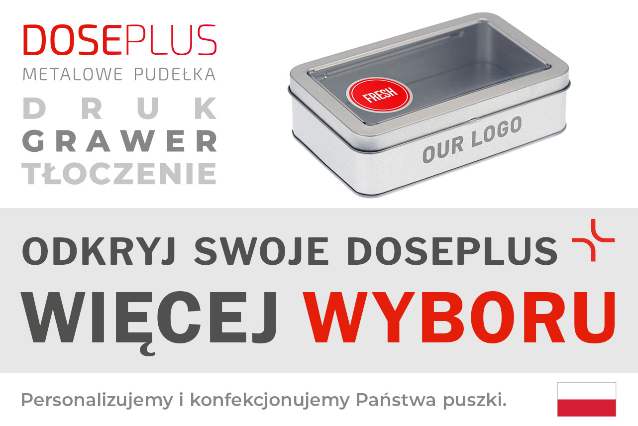 Srebrna prostokątna puszka metalowa Doseplus z okienkiem w pokrywce, czerwoną naklejką z napisem „FRESH” i nadrukiem bocznym „OUR LOGO”. Tekst: „Tłoczenie, grawer laserowy, nadruk – odkryj Doseplus, więcej wyboru”.