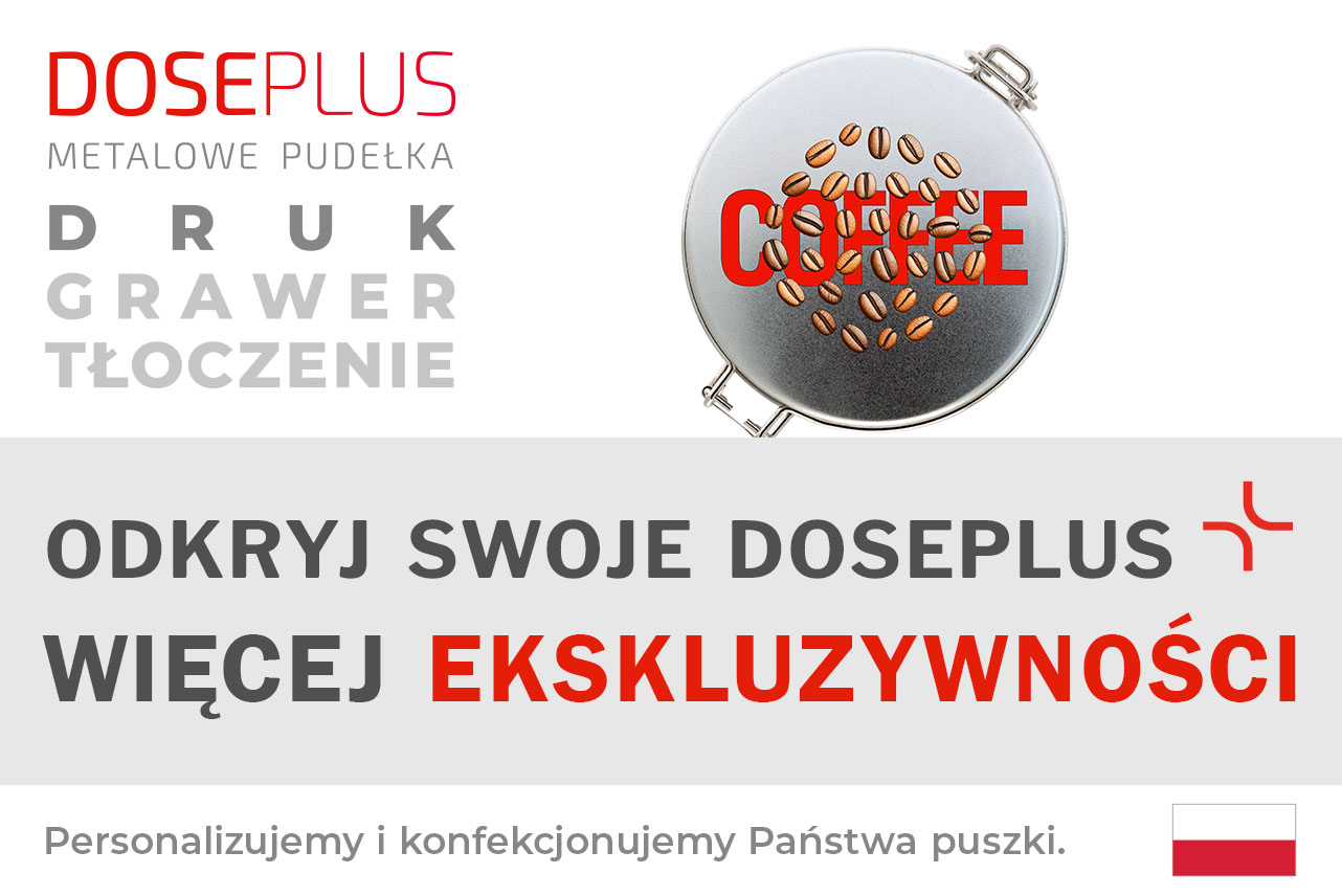 Okrągła puszka na kawę DSA 025 – Baner: Odkryj swoje Doseplus – Więcej ekskluzywności. Metalowe opakowanie premium do profesjonalnej personalizacji i brandingu.