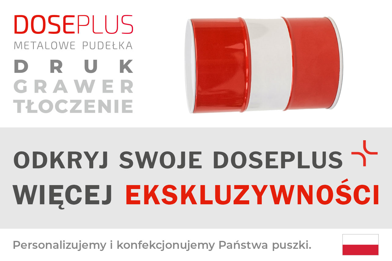 Okrągłe metalowe pudełko Doseplus w kolorze czerwonym i białym, z połyskiem, w ekskluzywnym stylu. Tekst: „Tłoczenie, grawer laserowy, nadruk – odkryj Doseplus, więcej ekskluzywności”.