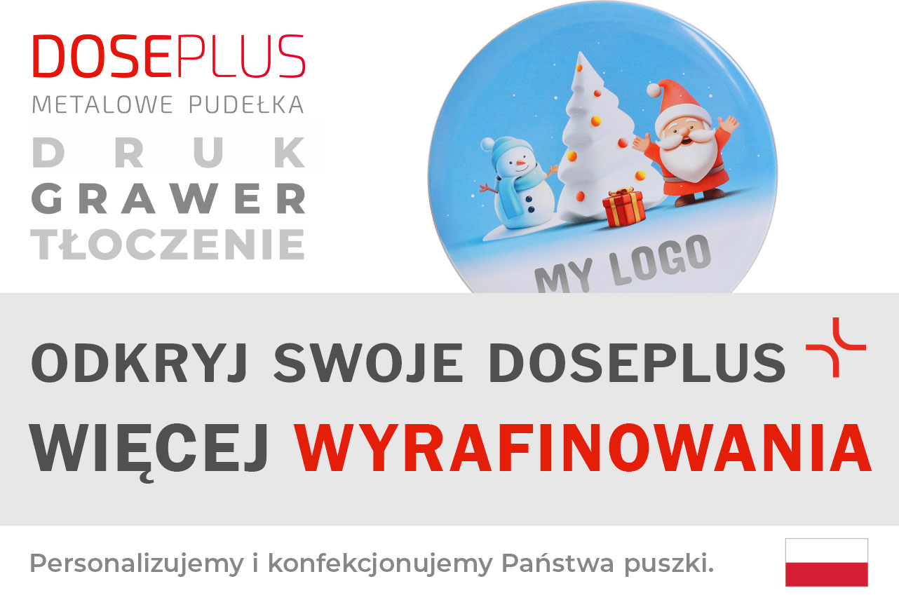 Puszka WD 051 z zimowym nadrukiem i strefą personalizacji – baner: „Odkryj swoje Doseplus – więcej wyrafinowania”. Profesjonalne metalowe opakowanie idealne do prezentacji produktów i reklamy firmowej.