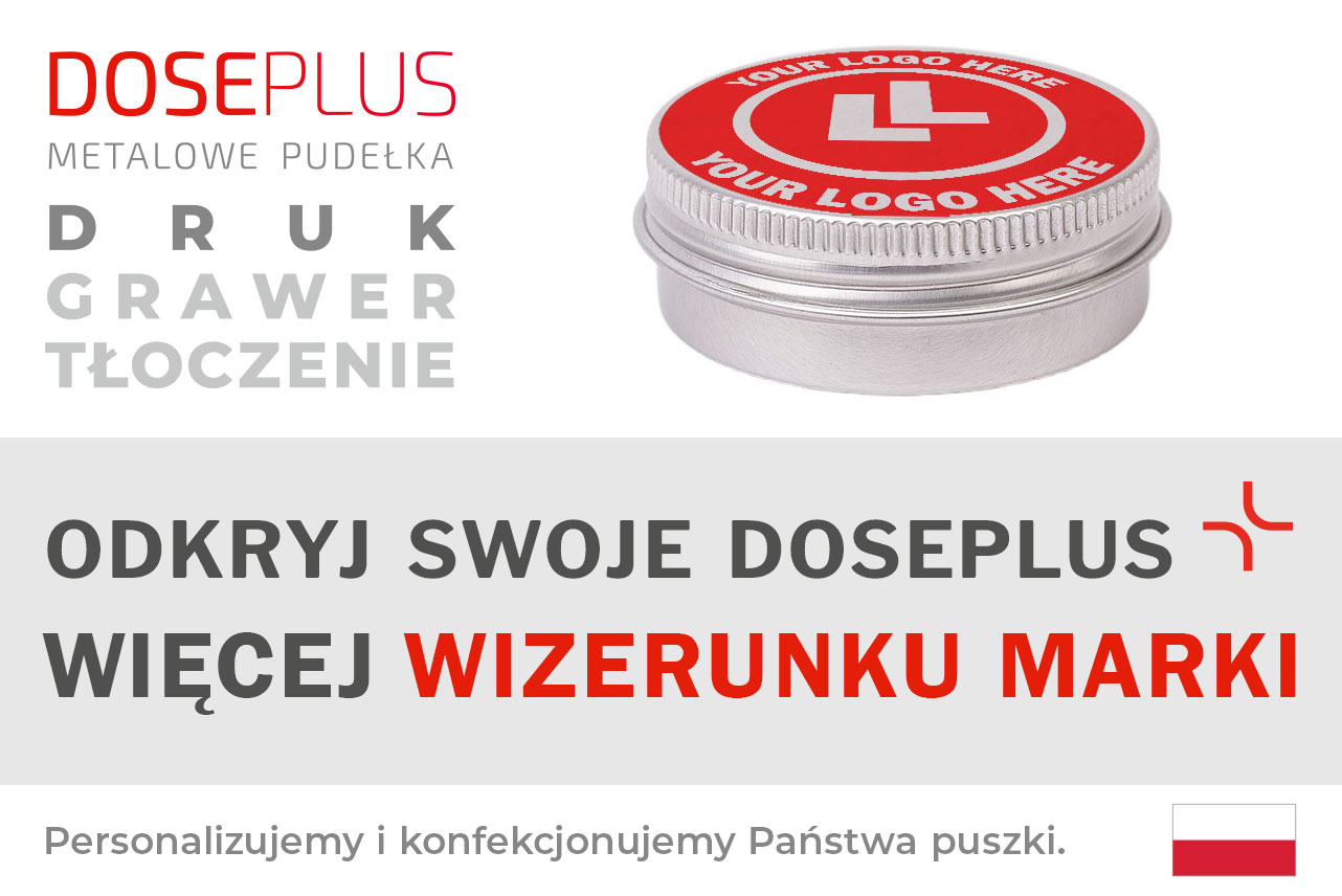 Puszka aluminiowa Doseplus z zakrętką – baner z napisem: Odkryj swoje Doseplus, więcej wizerunku marki. Spersonalizowane opakowania metalowe, tłoczone, grawerowane i drukowane.