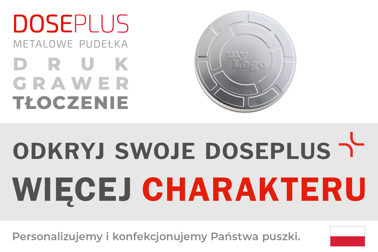 Okrągła puszka filmowa FD 100 od Doseplus – tekst na banerze: „Odkryj swoje Doseplus – więcej charakteru”. Metalowe opakowanie premium do personalizowanego nadruku, grawerowania i tłoczenia.