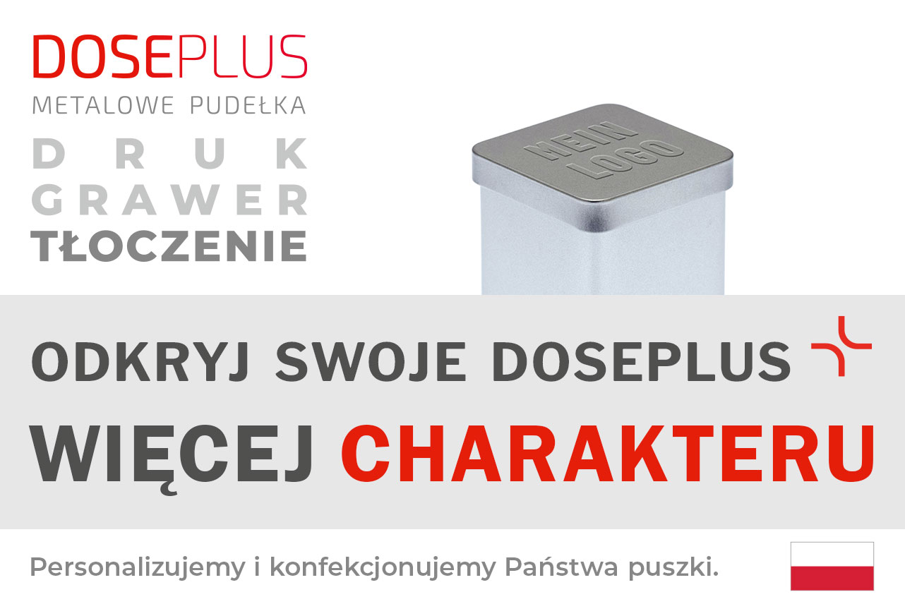 Kwadratowa srebrna puszka metalowa Doseplus z tłoczonym napisem „Mein Logo” na pokrywce. Tekst: „Tłoczenie, grawer laserowy, nadruk – odkryj Doseplus, więcej charakteru”.