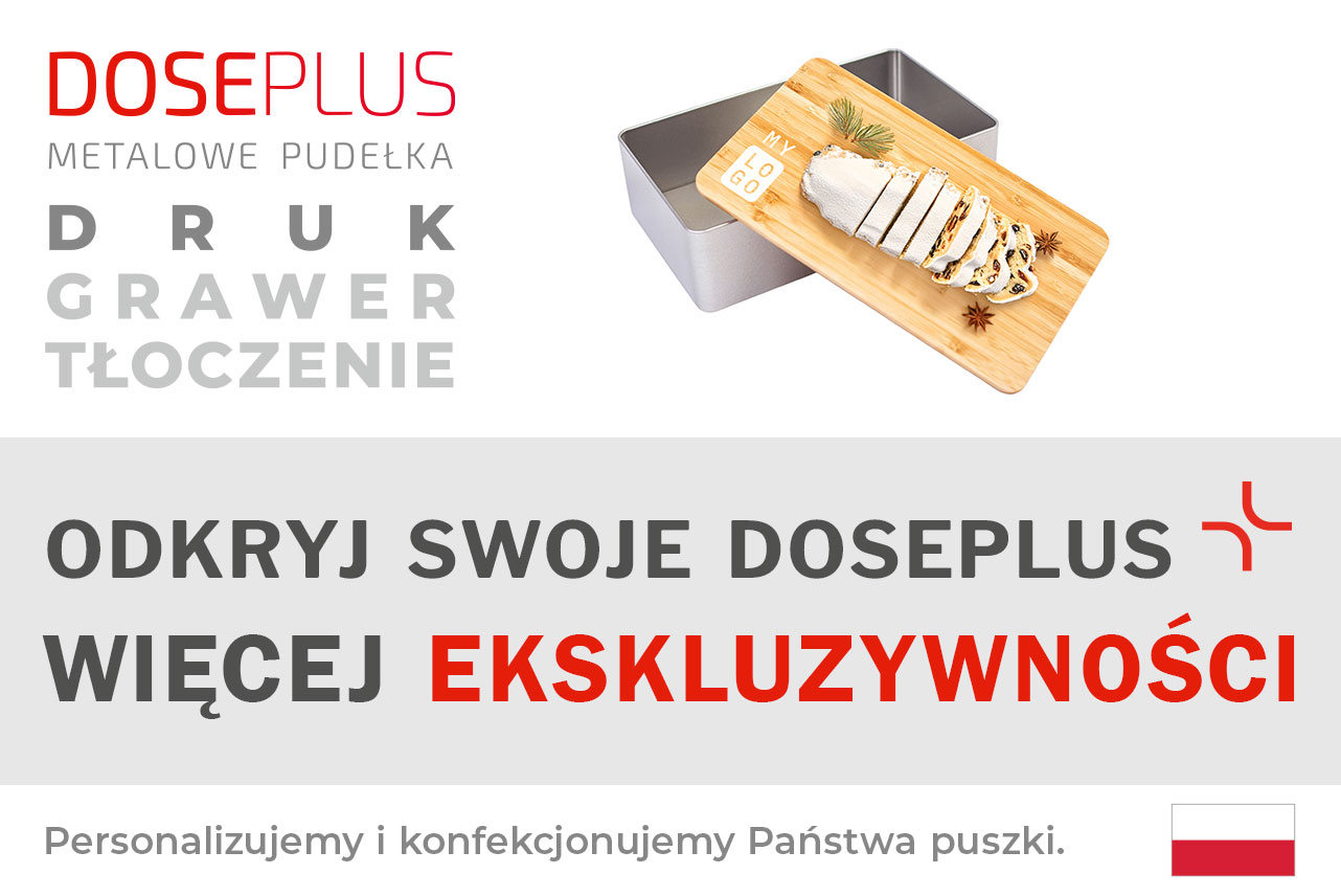 Metalowe pudełko DSE 031 z pokrywką bambusową – baner: Odkryj swoje Doseplus, więcej ekskluzywności. Prostokątna puszka z eleganckim bambusowym wieczkiem.