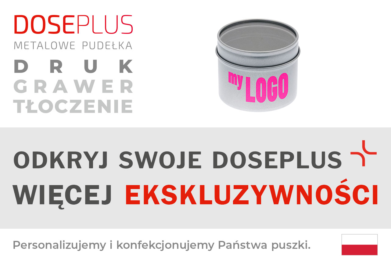 Okrągła metalowa puszka na przyprawy Doseplus z okienkiem – baner z napisem: Odkryj swoje Doseplus, więcej ekskluzywności. Eleganckie pudełko z możliwością graweru lub nadruku.