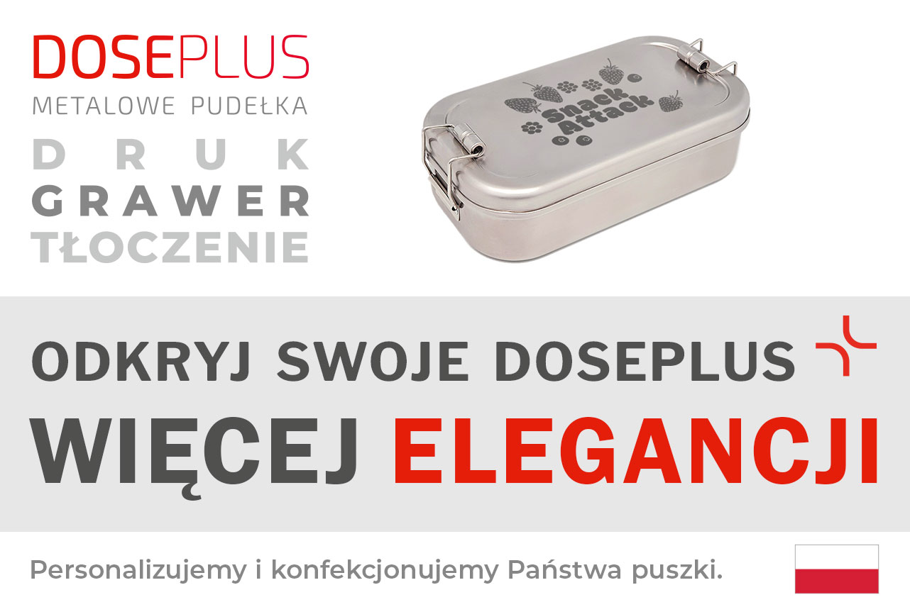 Prostokątne stalowe pudełko śniadaniowe CP ES C3 – Baner: Odkryj swoje Doseplus – Więcej elegancji. Solidne pudełko metalowe idealne do personalizacji i eleganckiego brandingu.