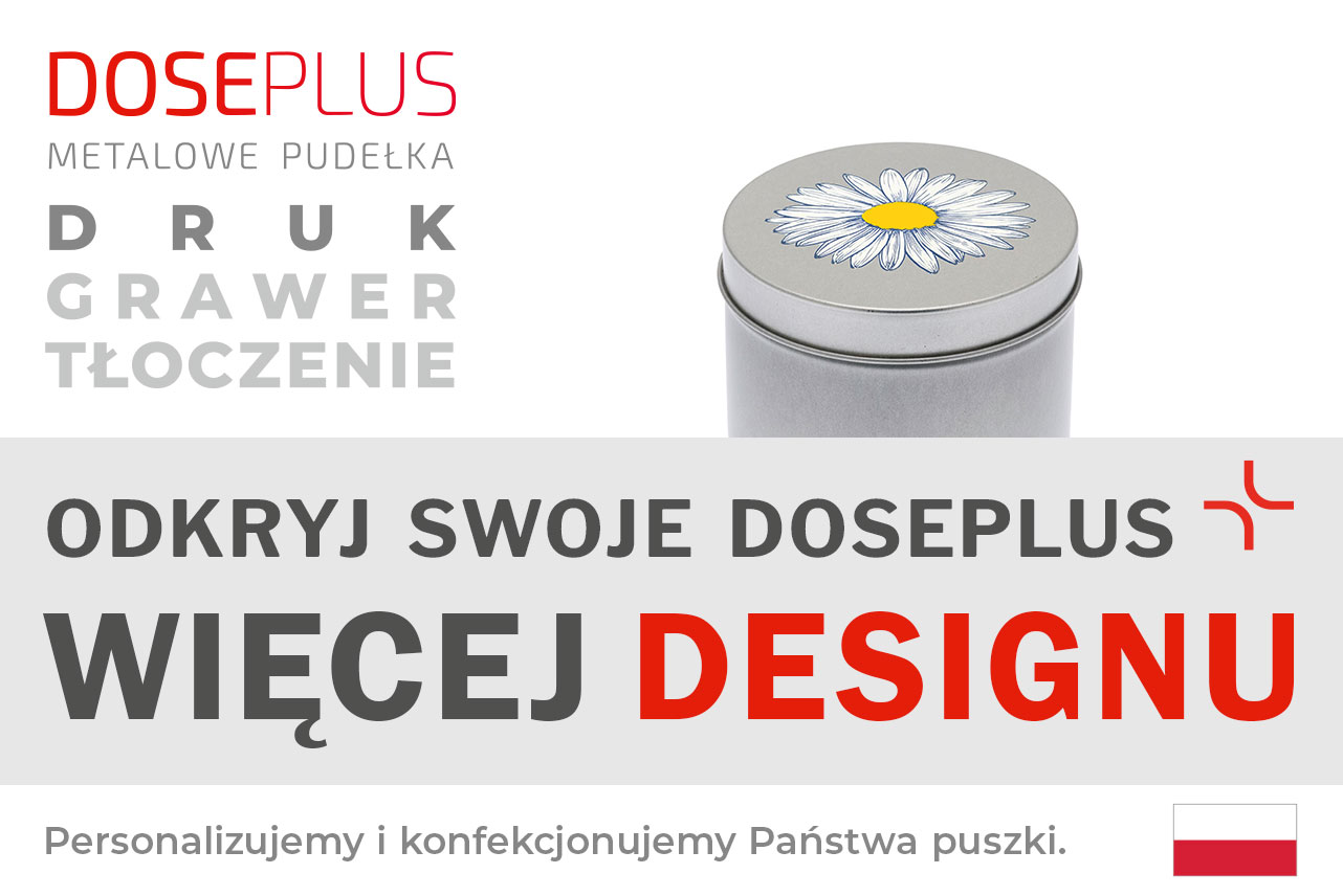 Okrągła srebrna puszka metalowa Doseplus z kolorowym nadrukiem białej stokrotki na pokrywce. Tekst: „Tłoczenie, grawer laserowy, nadruk – odkryj Doseplus, więcej designu”.