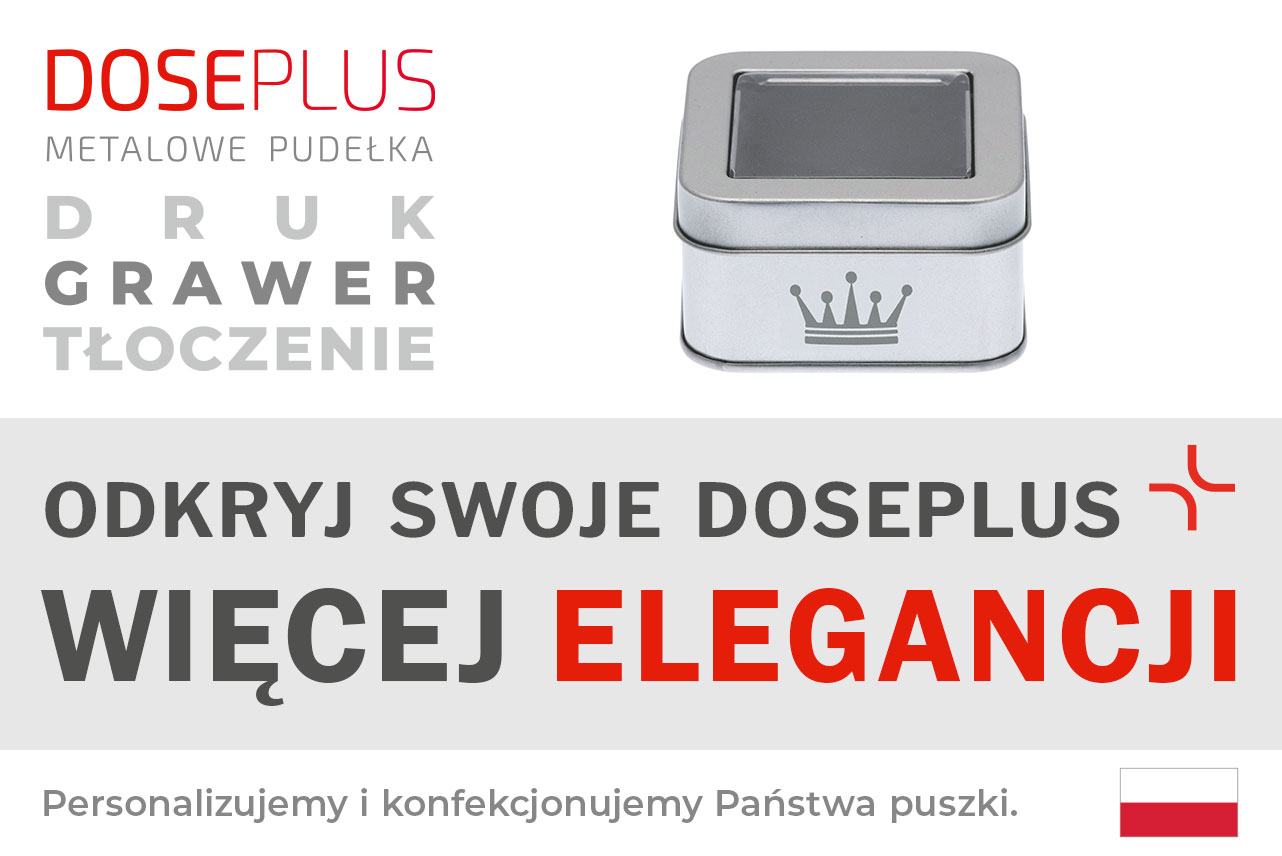 Kwadratowe metalowe pudełko Doseplus – baner z napisem: Odkryj swoje Doseplus, więcej elegancji. Spersonalizowane pudełko z grawerem, tłoczeniem i nadrukiem.