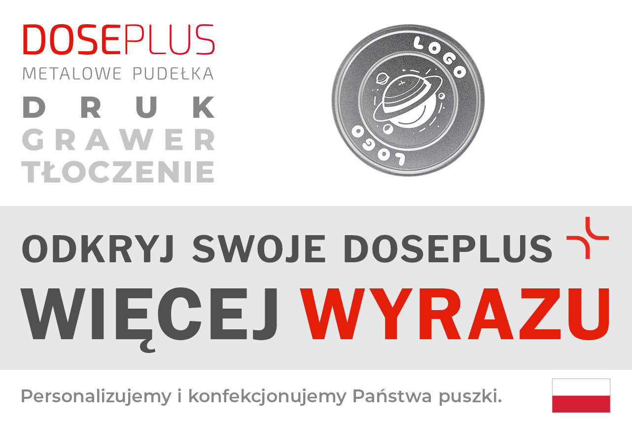 Okrągła puszka filmowa FD 005 od Doseplus – na banerze: „Odkryj swoje Doseplus – więcej wyrazu”. Metalowe opakowanie z możliwością personalizacji i profesjonalnej uszlachetniania.