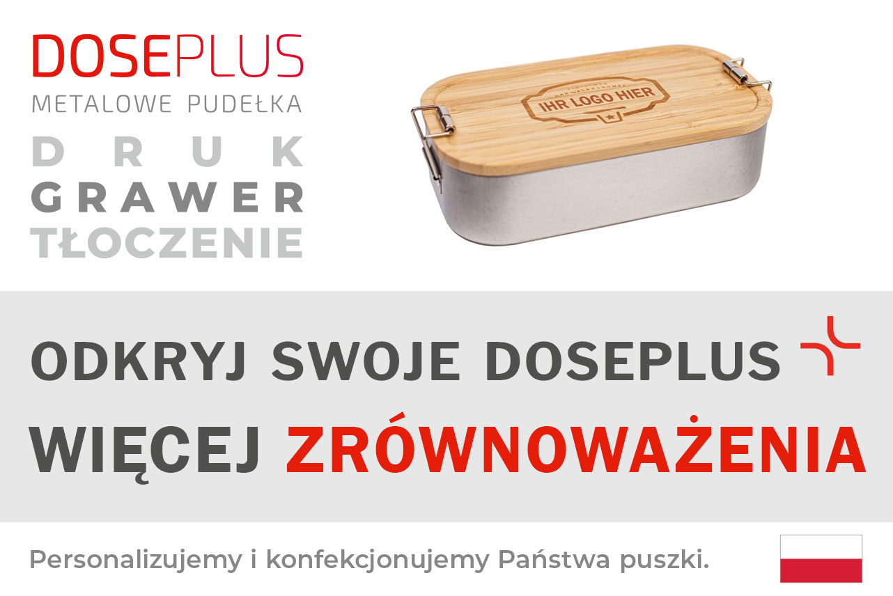Pudełko śniadaniowe Doseplus ze stali nierdzewnej z pokrywką bambusową – baner z napisem: Odkryj swoje Doseplus, więcej zrównoważenia. Ekologiczne metalowe opakowania z grawerem, tłoczeniem i nadrukiem.