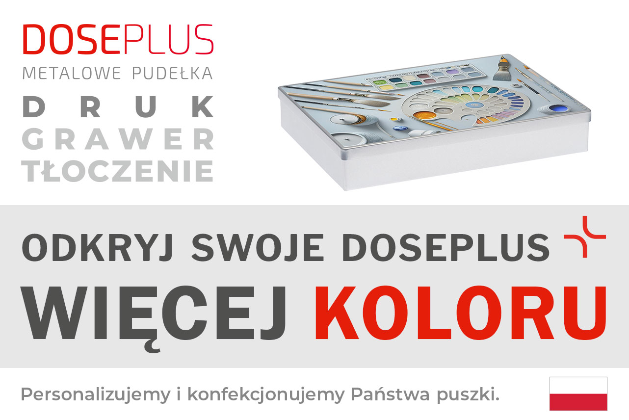 Srebrna prostokątna puszka metalowa Doseplus z kolorowym nadrukiem przedstawiającym pędzle, paletę i farby akwarelowe. Tekst: „Tłoczenie, grawer laserowy, nadruk – odkryj Doseplus, więcej radości kolorów”.