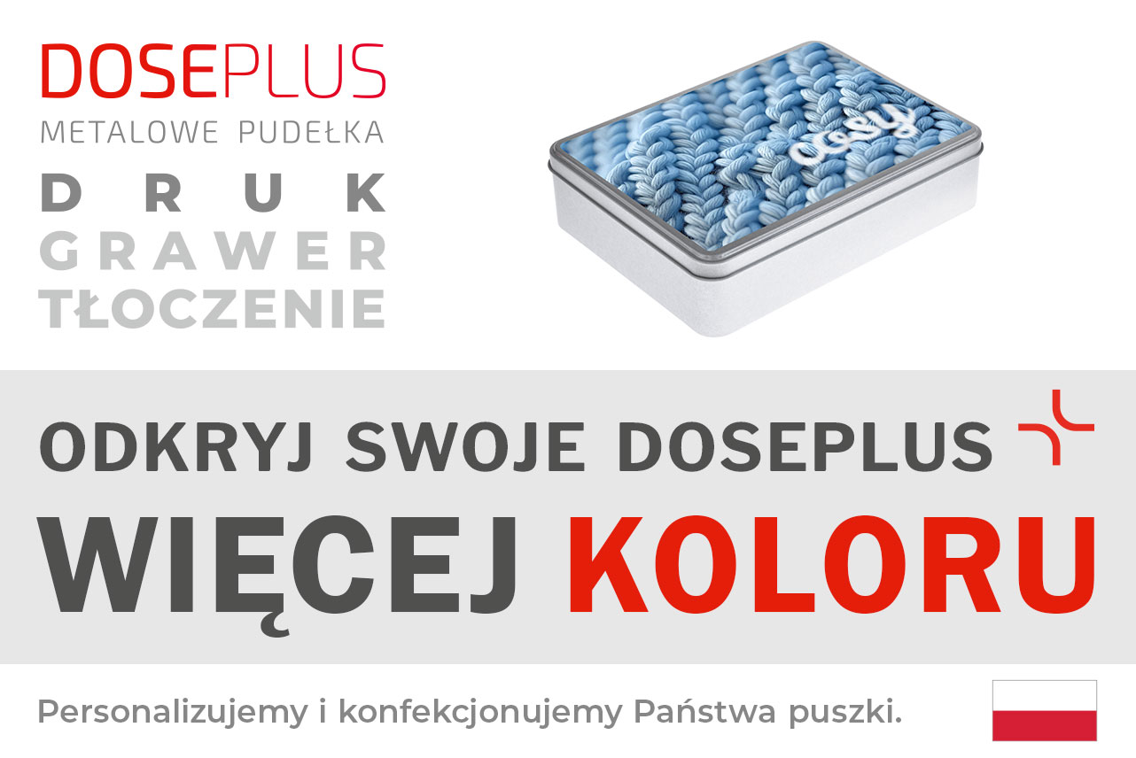 Prostokątne metalowe pudełko Doseplus – baner z napisem: Odkryj swoje Doseplus, więcej koloru. Spersonalizowane pudełko z kolorowym nadrukiem, grawerem i tłoczeniem.