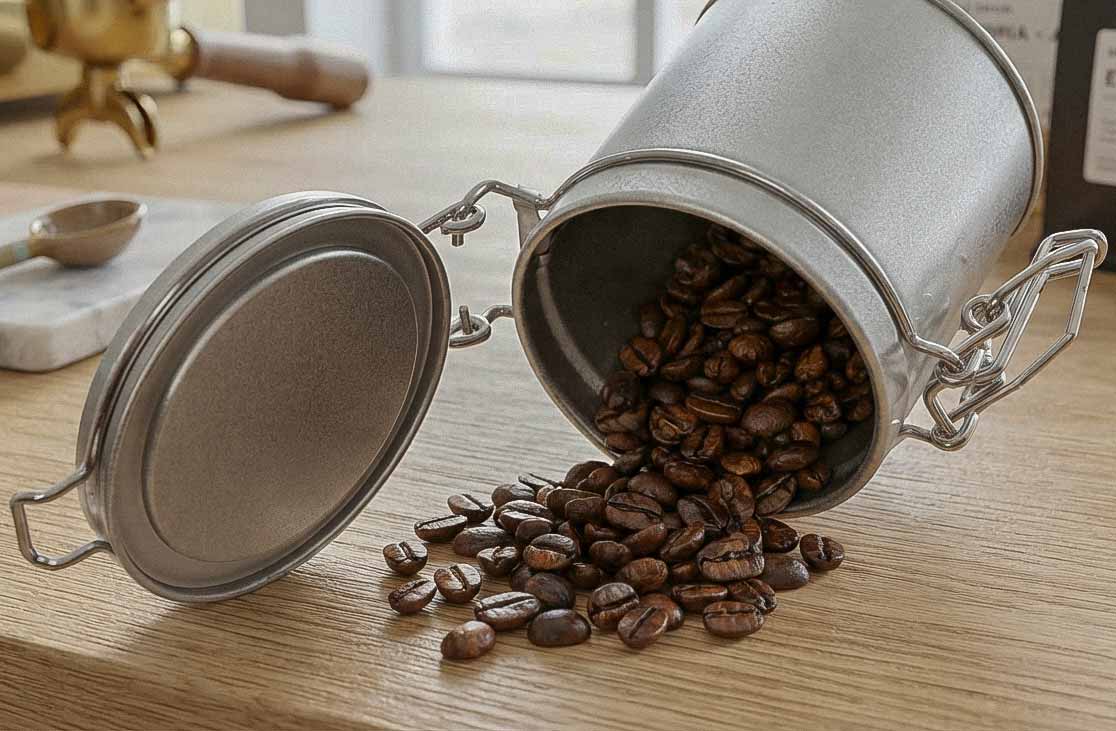 Runde silberne Metalldose mit Deckel, gefüllt mit Kaffeebohnen