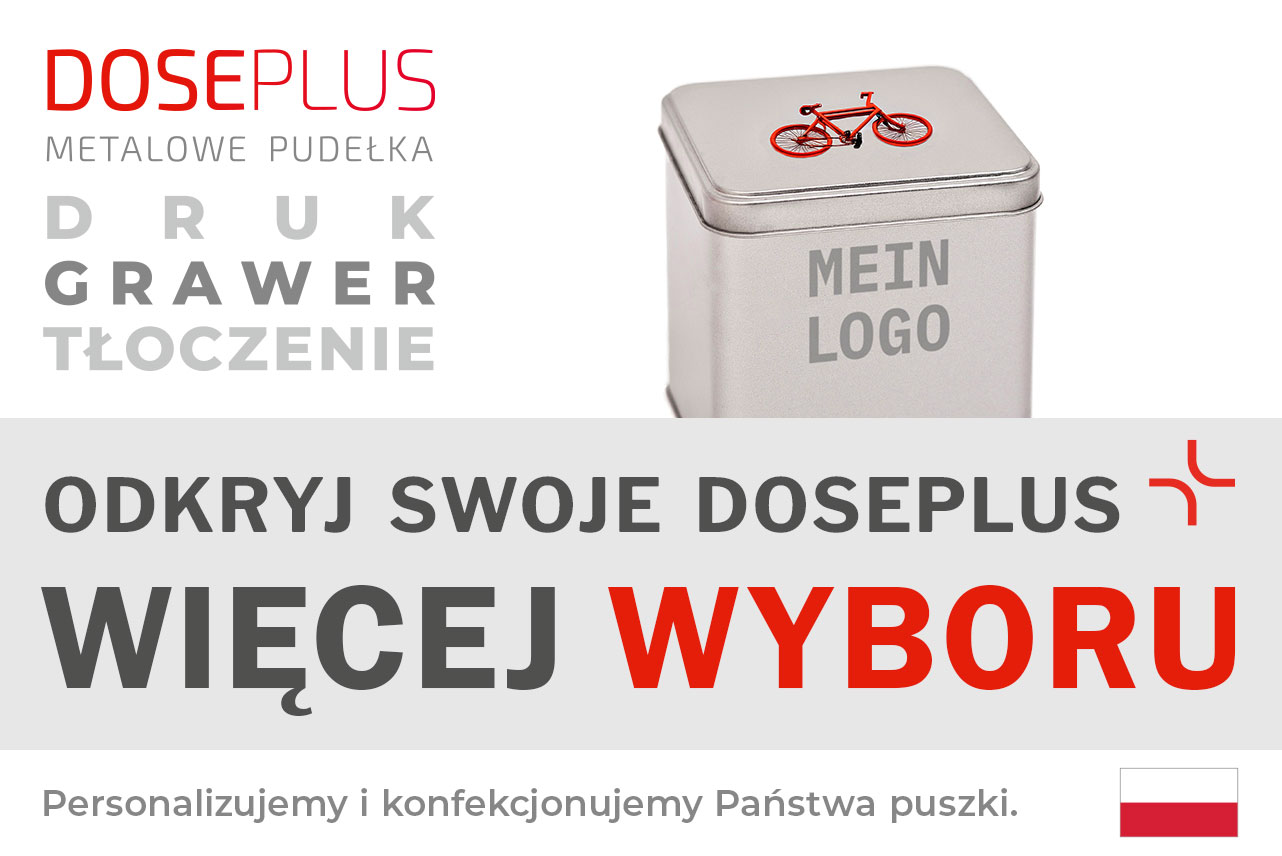 Srebrna prostokątna puszka metalowa Doseplus z czerwonym nadrukiem roweru na pokrywce i szarym napisem „Mein Logo” z przodu. Tekst: „Tłoczenie, grawer laserowy, nadruk – odkryj Doseplus, więcej wyboru”.