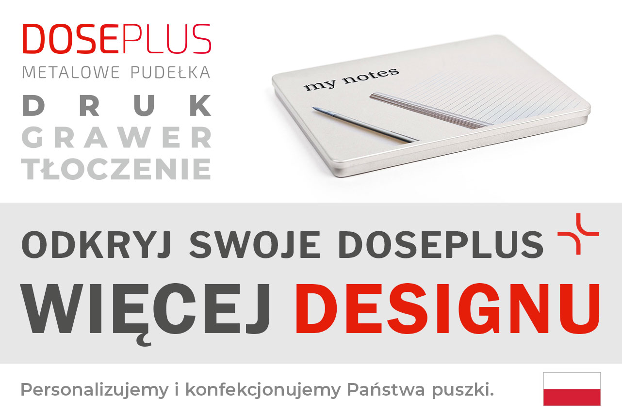 Srebrna puszka metalowa Doseplus w formacie DIN A5 z nowoczesnym nadrukiem notesu, długopisu i napisem „my notes”. Tekst: „Tłoczenie, grawer laserowy, nadruk – odkryj Doseplus, więcej designu”.