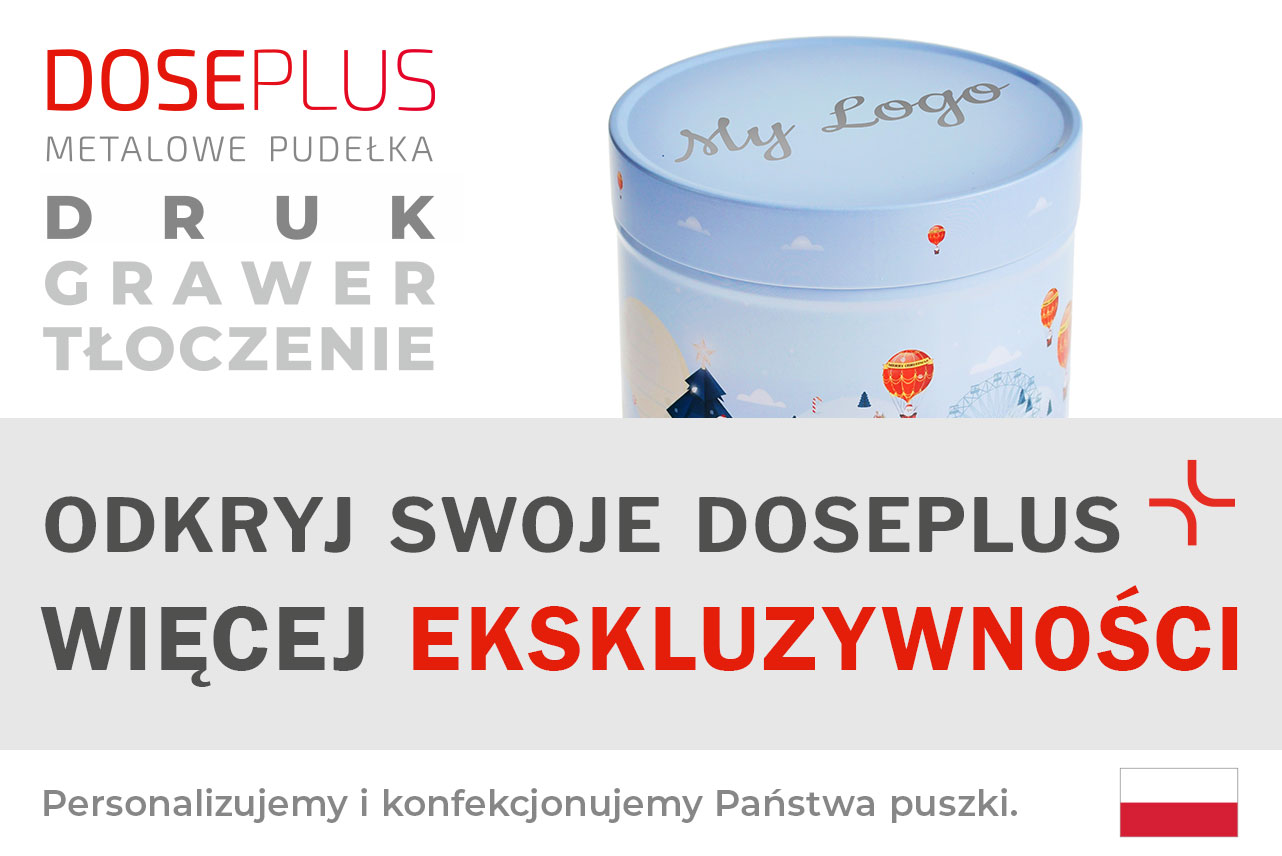 Zimowa puszka WD 026 z motywem świątecznym. Na szarym banerze widnieje tekst: „ODKRYJ SWOJE DOSEPLUS – WIĘCEJ EKSKLUZYWNOŚCI”. Powyżej: „DRUK • GRAWER • TŁOCZENIE”. Prezentacja dostępnych metod uszlachetniania puszek metalowych.