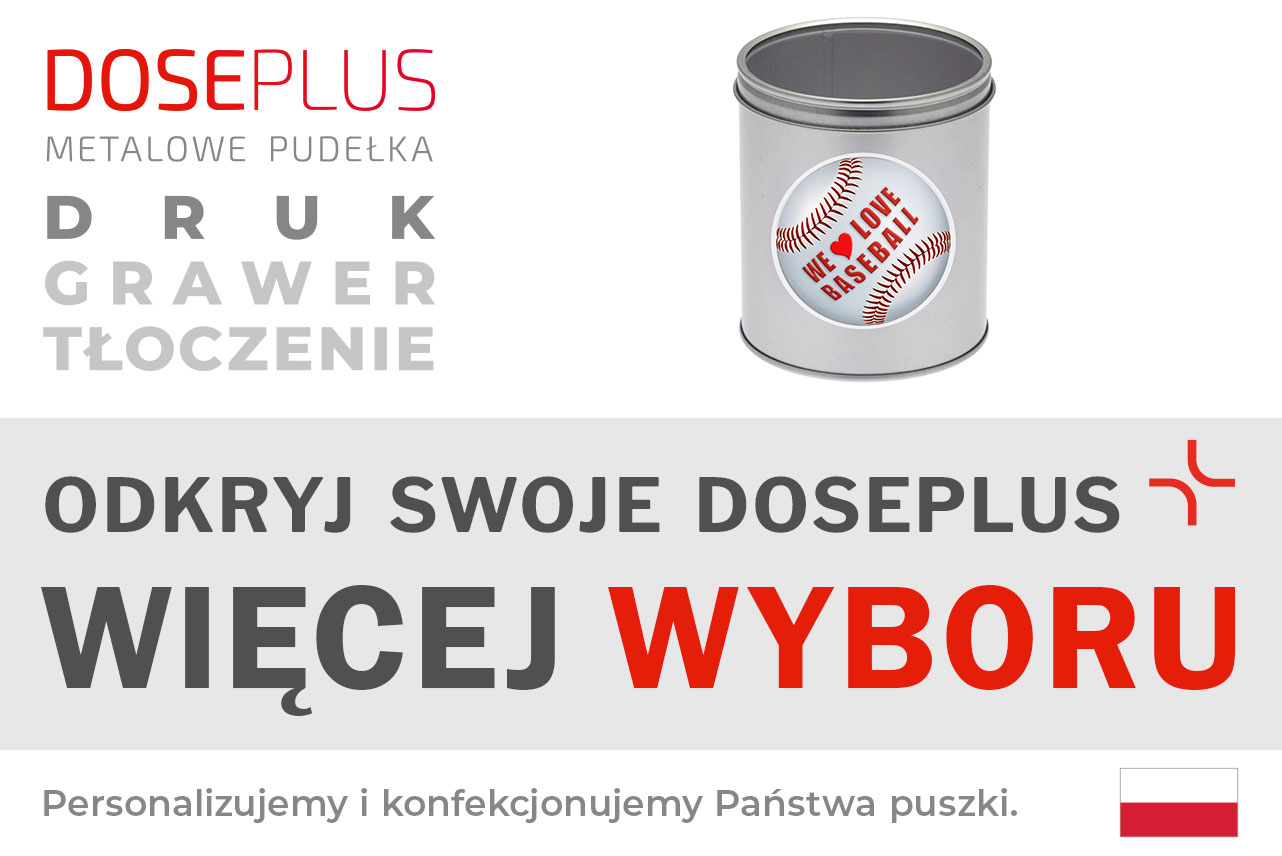 Okrągłe metalowe pudełko Doseplus – baner z napisem: Odkryj swoje Doseplus, więcej wyboru. Spersonalizowane pudełko z nadrukowaną etykietą dla unikalnych projektów.