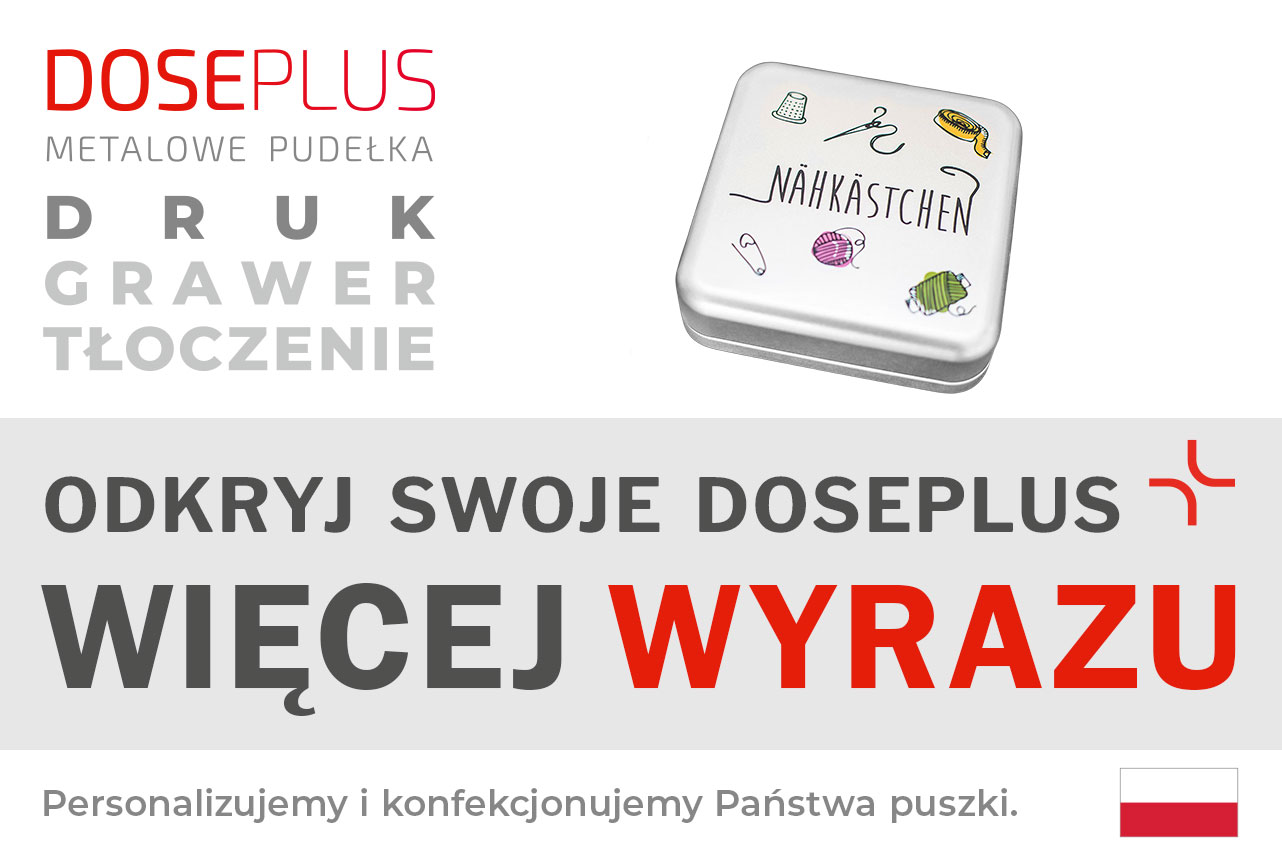 Kwadratowa puszka metalowa Doseplus – baner z napisem: Odkryj swoje Doseplus, więcej wyrazu. Spersonalizowane opakowania metalowe, tłoczone, grawerowane i drukowane.
