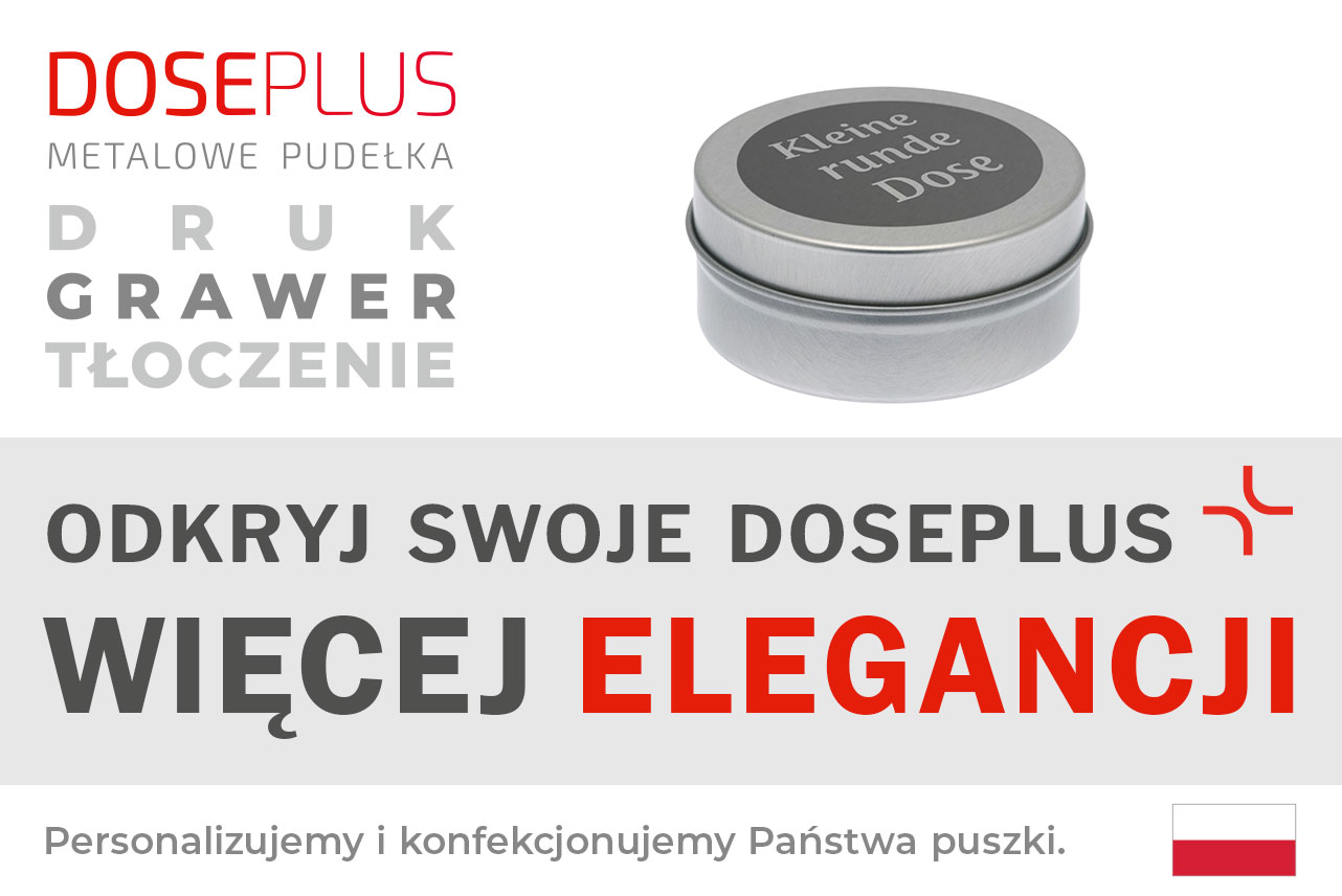 Mała okrągła puszka metalowa Doseplus w kolorze srebrnym z grawerem laserowym „Kleine runde Dose” na pokrywce. Tekst: „Tłoczenie, grawer laserowy, nadruk – odkryj Doseplus, więcej elegancji”.