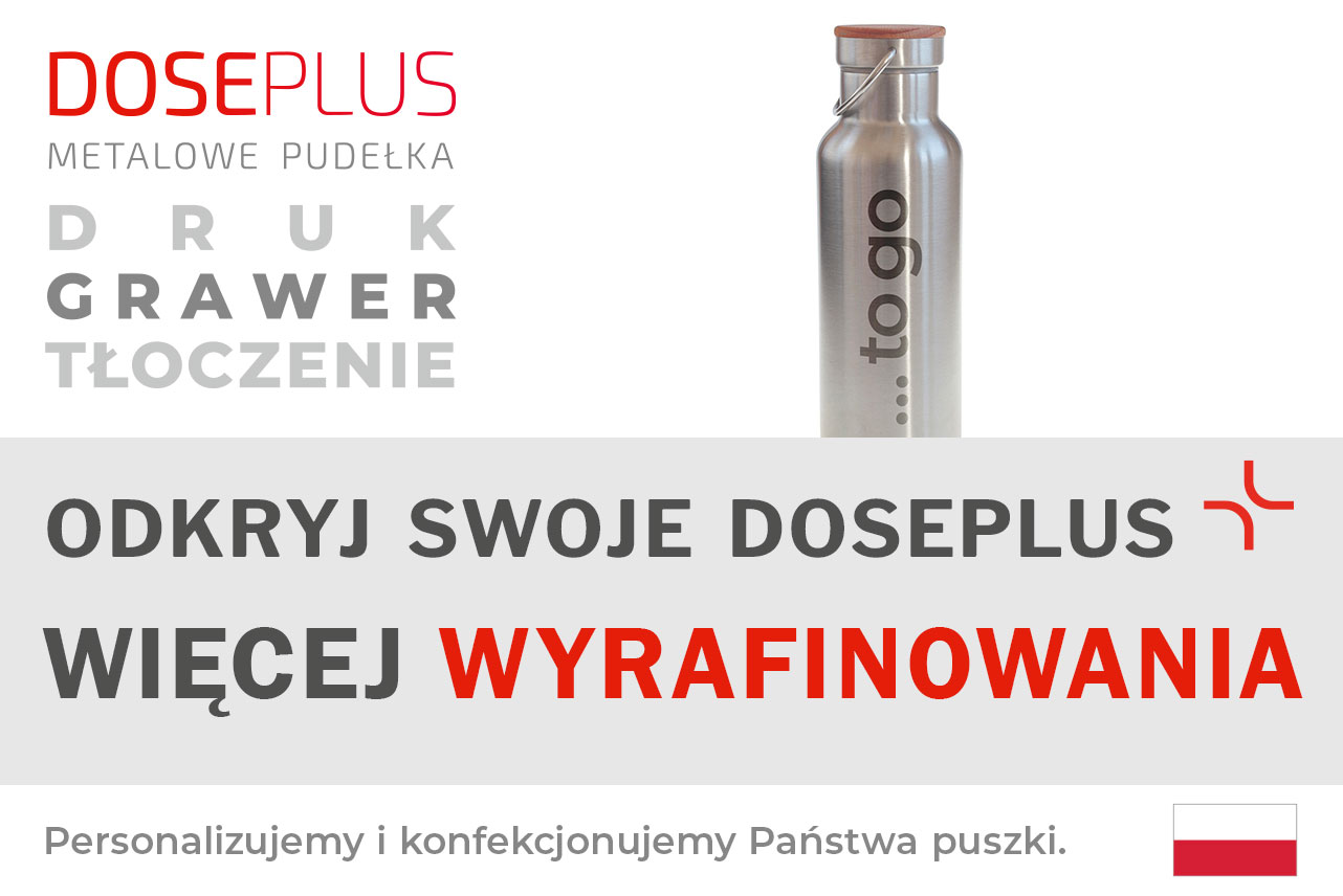 Butelka ze stali nierdzewnej TFL 030 z drewnianą zakrętką z buku – Baner: „Odkryj swoje Doseplus – Więcej Wyrafinowania”. Butelka do personalizacji: druk, grawer, tłoczenie.