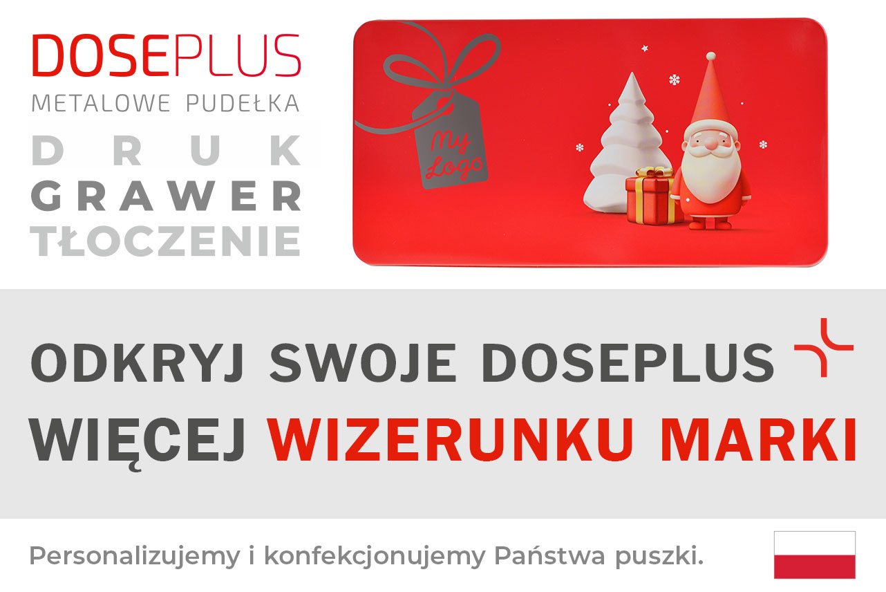 Zimowa puszka świąteczna WD 030 z czerwonym motywem i laserowym grawerem. Tekst banera: Odkryj swoje Doseplus – więcej wizerunku marki. Metalowe opakowanie premium do nadruku, grawerowania i tłoczenia.